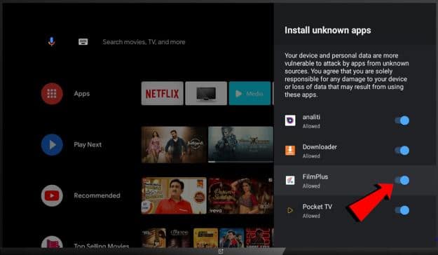 Enable Install Unknown Apps for Filmplus